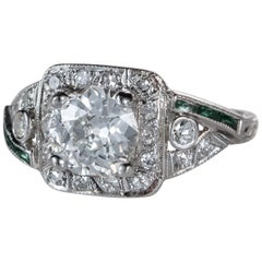 1.35 Carat Total Diamond and Emerald Engagement Ring, Platinum, circa 1920s