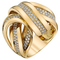 1.35 Carat Total Round Diamond Pave Yellow Gold Dome Cocktail Ribbon Band Ring