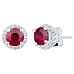 1.35 Carat Total Weight Natural Round Ruby Diamond Halo White Gold Earrings