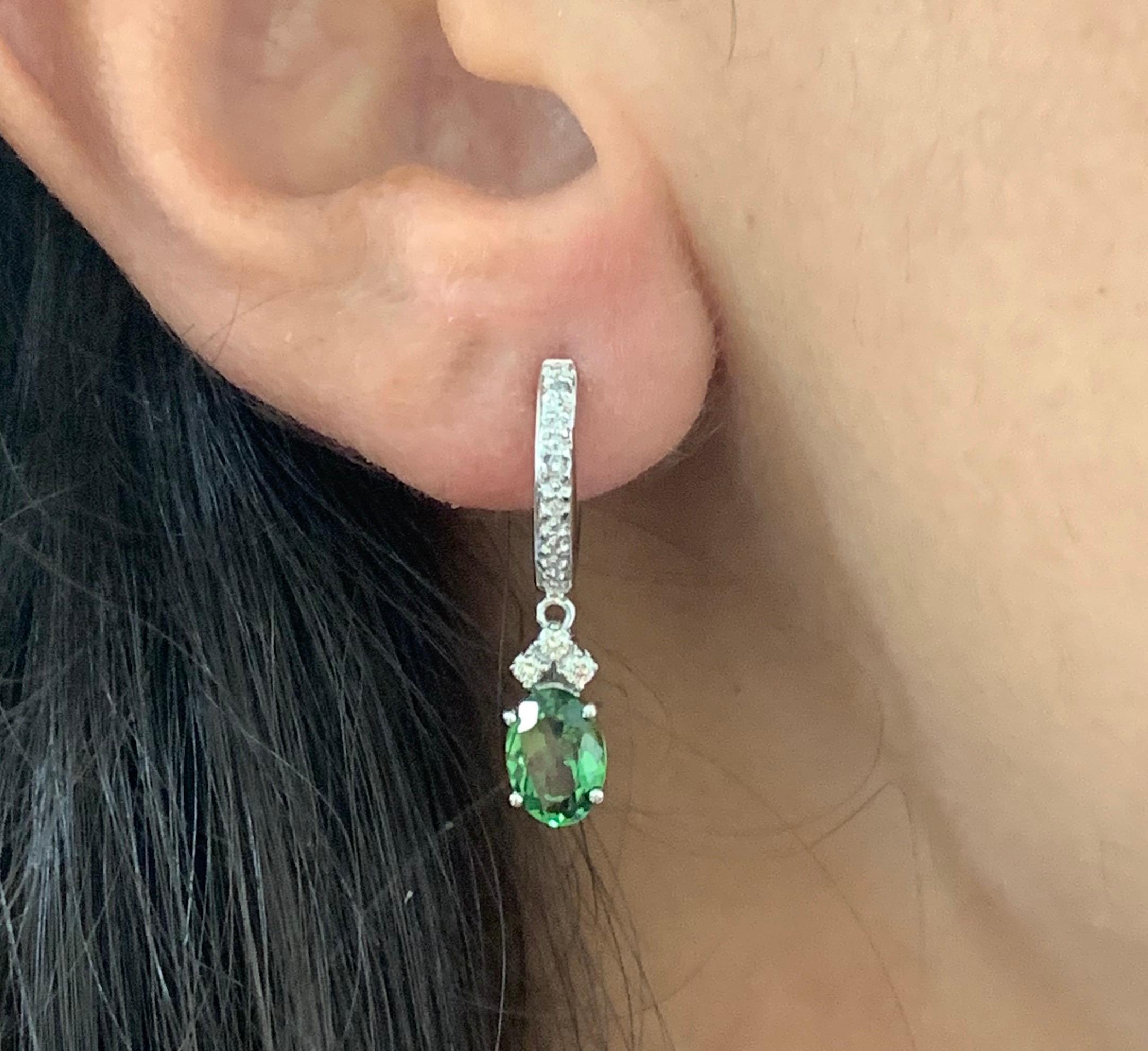 Contemporary 1.35 Carat Green Oval Tourmaline and White Diamond Drop Earrings 14K White Gold