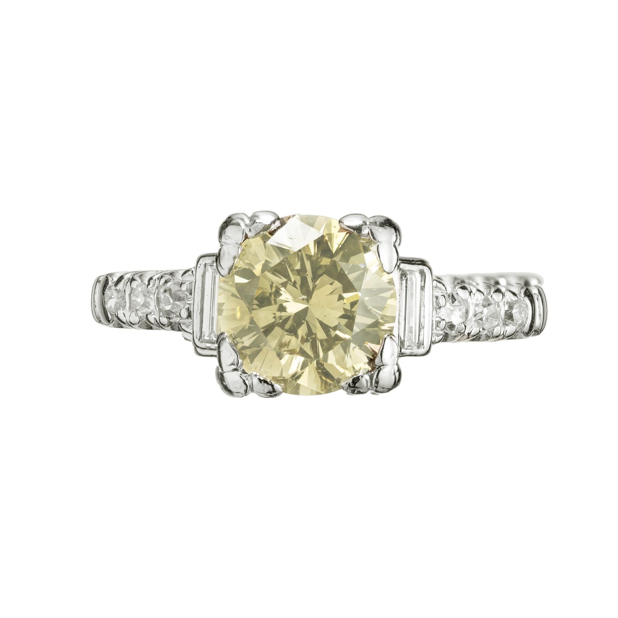 Discover the allure of timeless elegance with our 1.35 Carat transitional cut brownish yellow diamond platinum Art Deco engagement ring. The centerpiece, a stunning 1.35 carat brown yellow diamond that glows with a rich, warm hue and is expertly cut