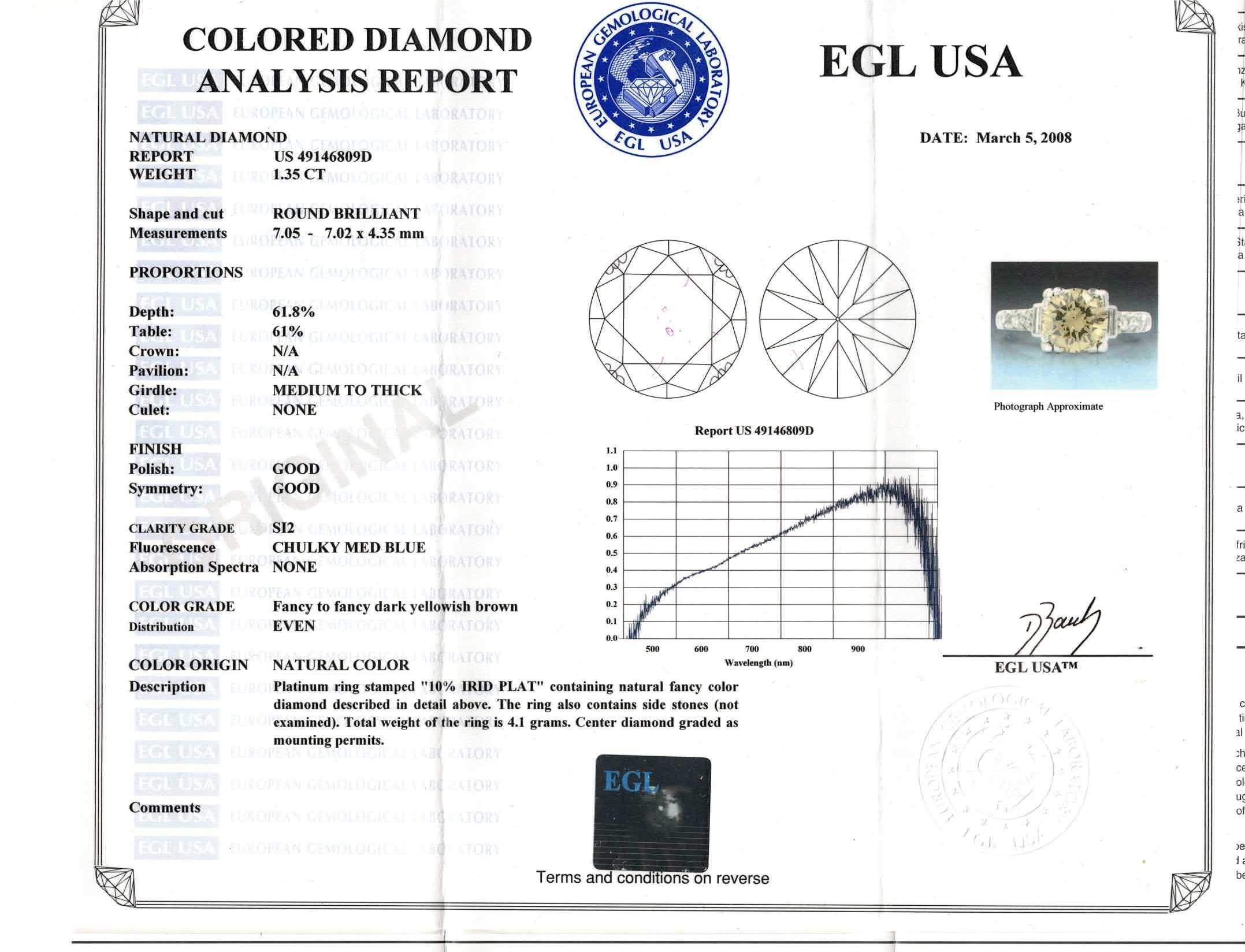1.35 Carat Transitional Cut Brown Diamond Platinum Art Deco Engagement Ring In Good Condition For Sale In Stamford, CT