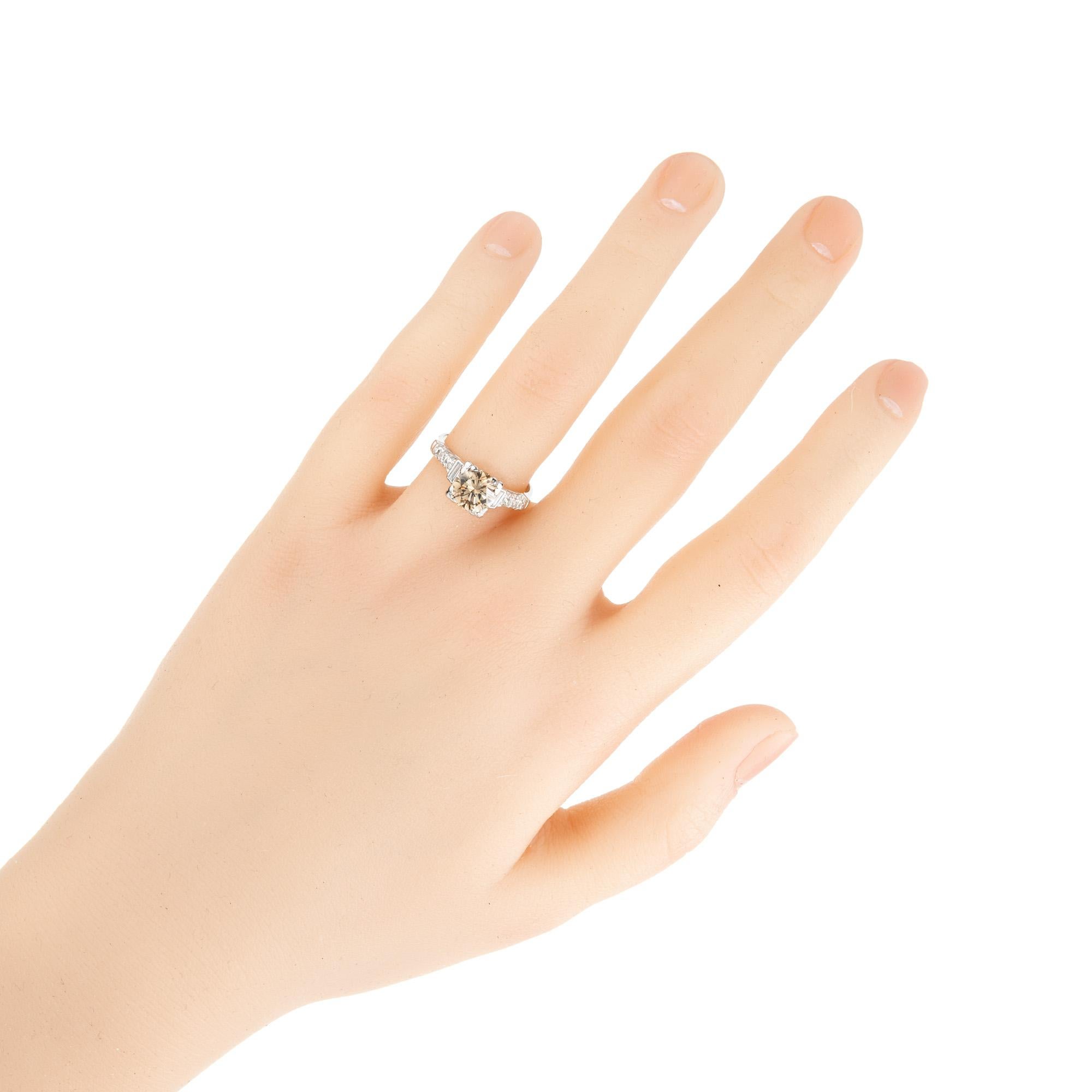 1.35 Carat Transitional Cut Brown Diamond Platinum Art Deco Engagement Ring For Sale 3