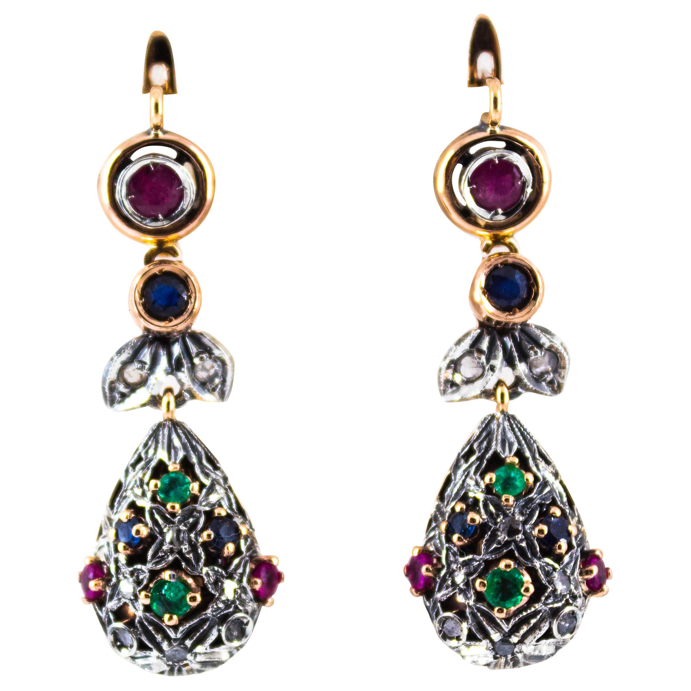 1.35 Carat White Diamond Emerald Ruby Sapphire Yellow Gold Lever-Back Earrings