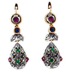 1.35 Carat White Diamond Emerald Ruby Sapphire Yellow Gold Lever-Back Earrings