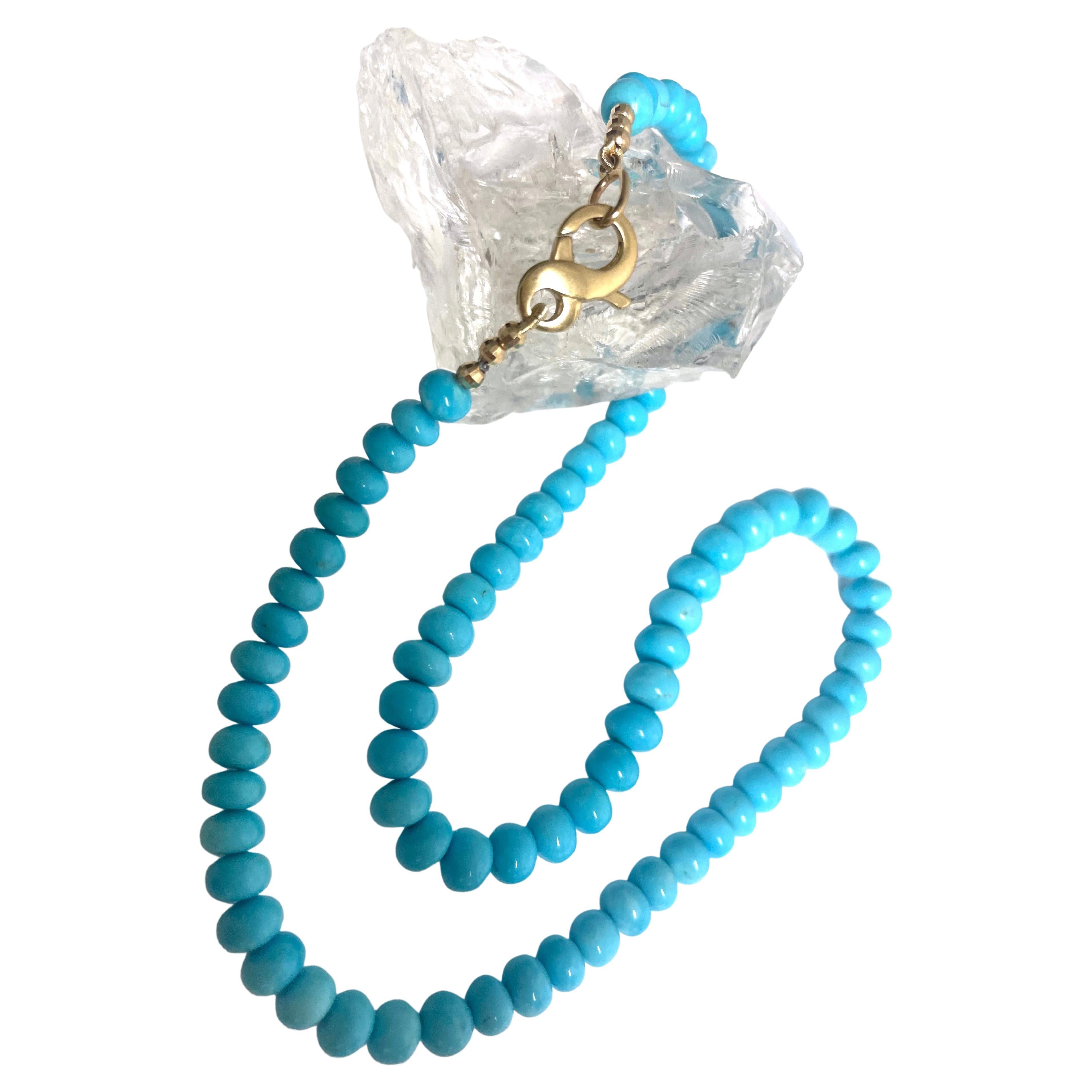 Description
Vivid Sleeping Beauty Turquoise 135 carats 6 to 8mm graduated strand of clean, perfect stones, 14k yellow gold. 
Item # N3869
Pair it with matching earrings (Item# E3400), and matching bracelet (Item# B1341). See photos, all sold