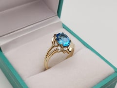 1.35 CT Blue Topaz Diamond 14K Yellow Gold Floral Ring