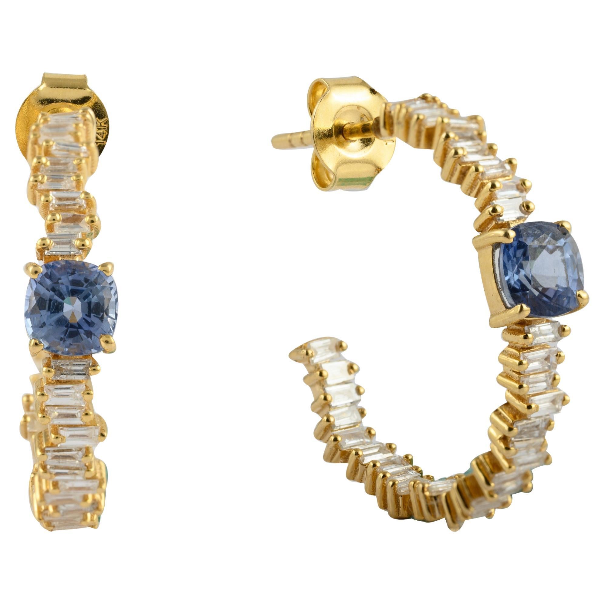 1.35 Ct Blue Sapphire and Diamonds Hoop Earrings 14k Solid Yellow Gold (Boucles d'oreilles saphir bleu et diamants) en vente