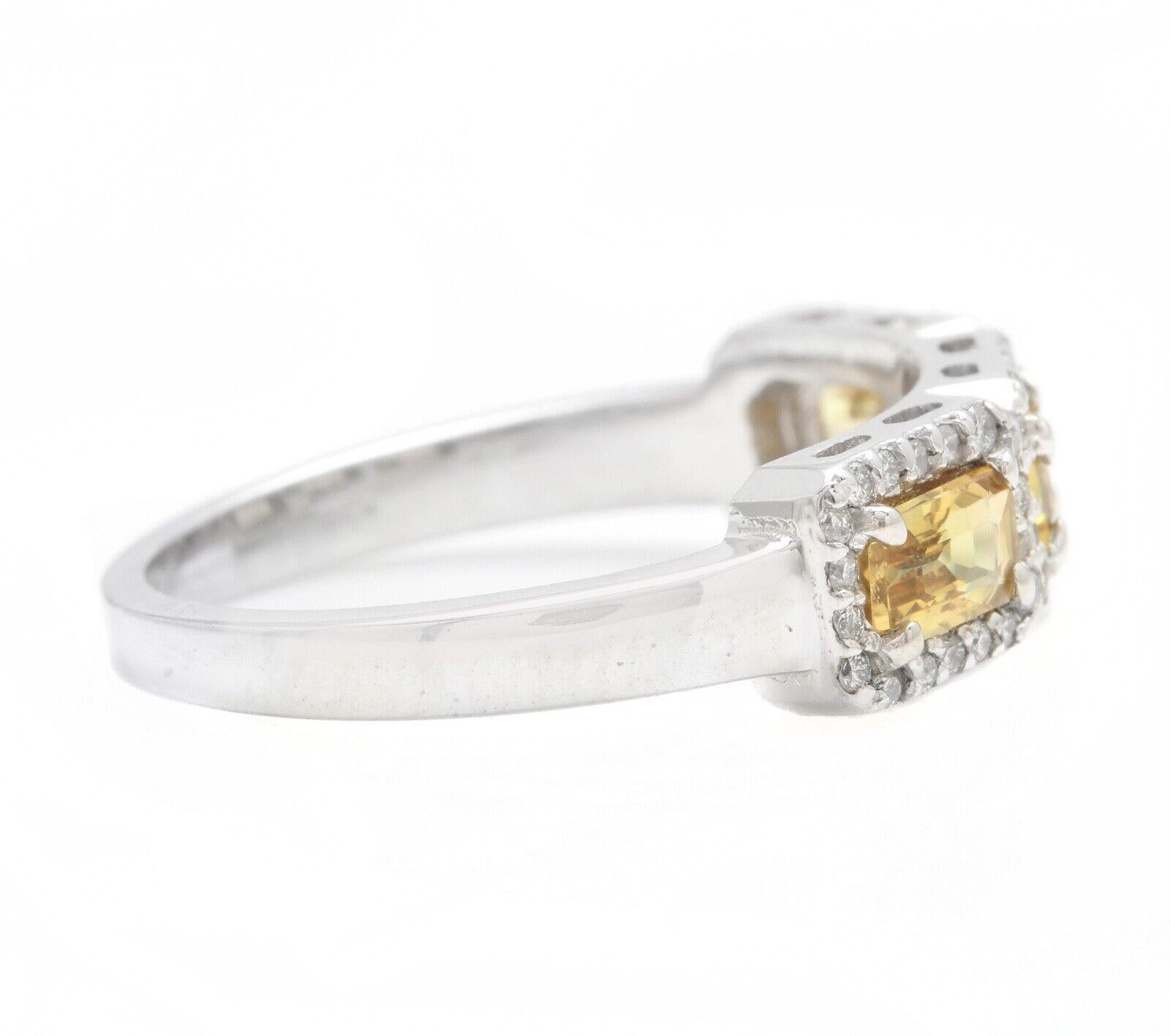 Mixed Cut 1.35 Ct Exquisite Natural Yellow Sapphire and Diamond 14K Solid White Gold Ring For Sale