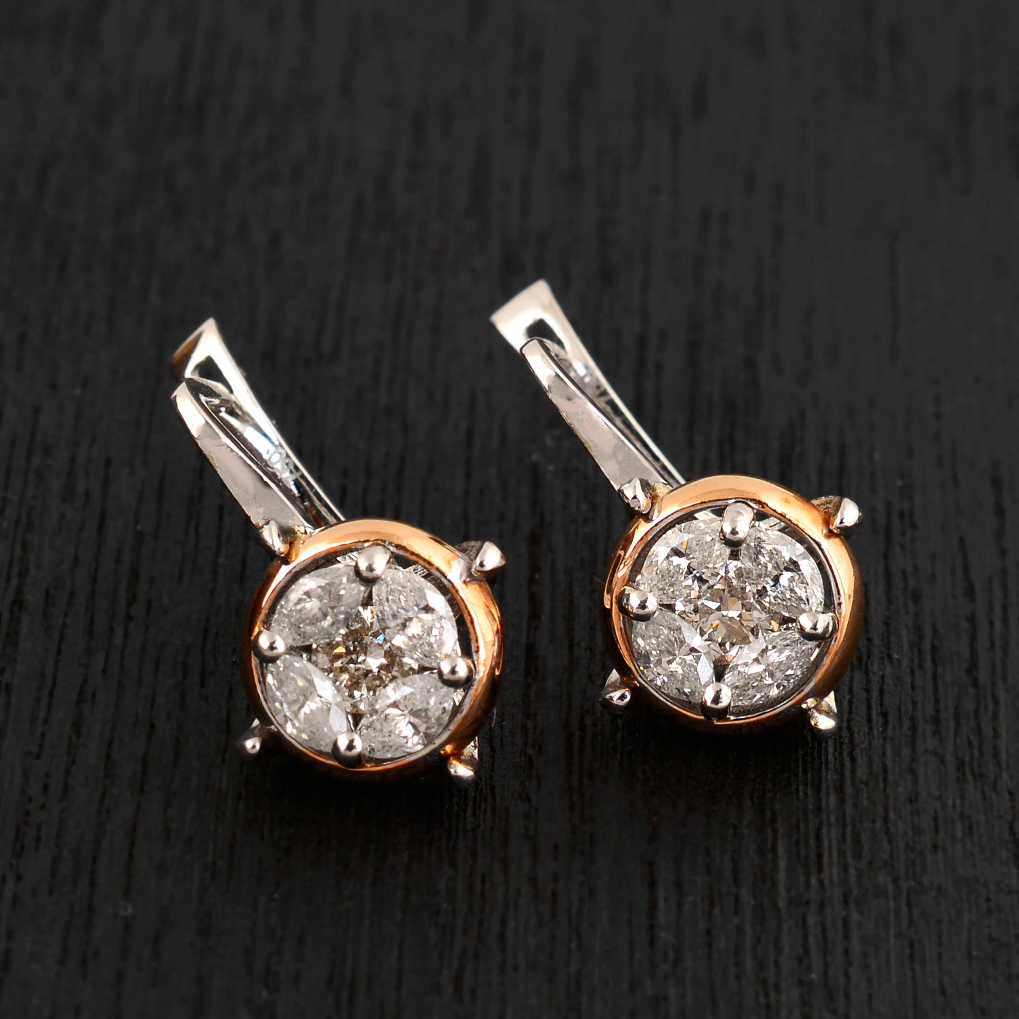 Marquise Cut 1.35ct Marquise Round Diamond Earrings 18 Karat Two Tone Gold Handmade Jewelry For Sale