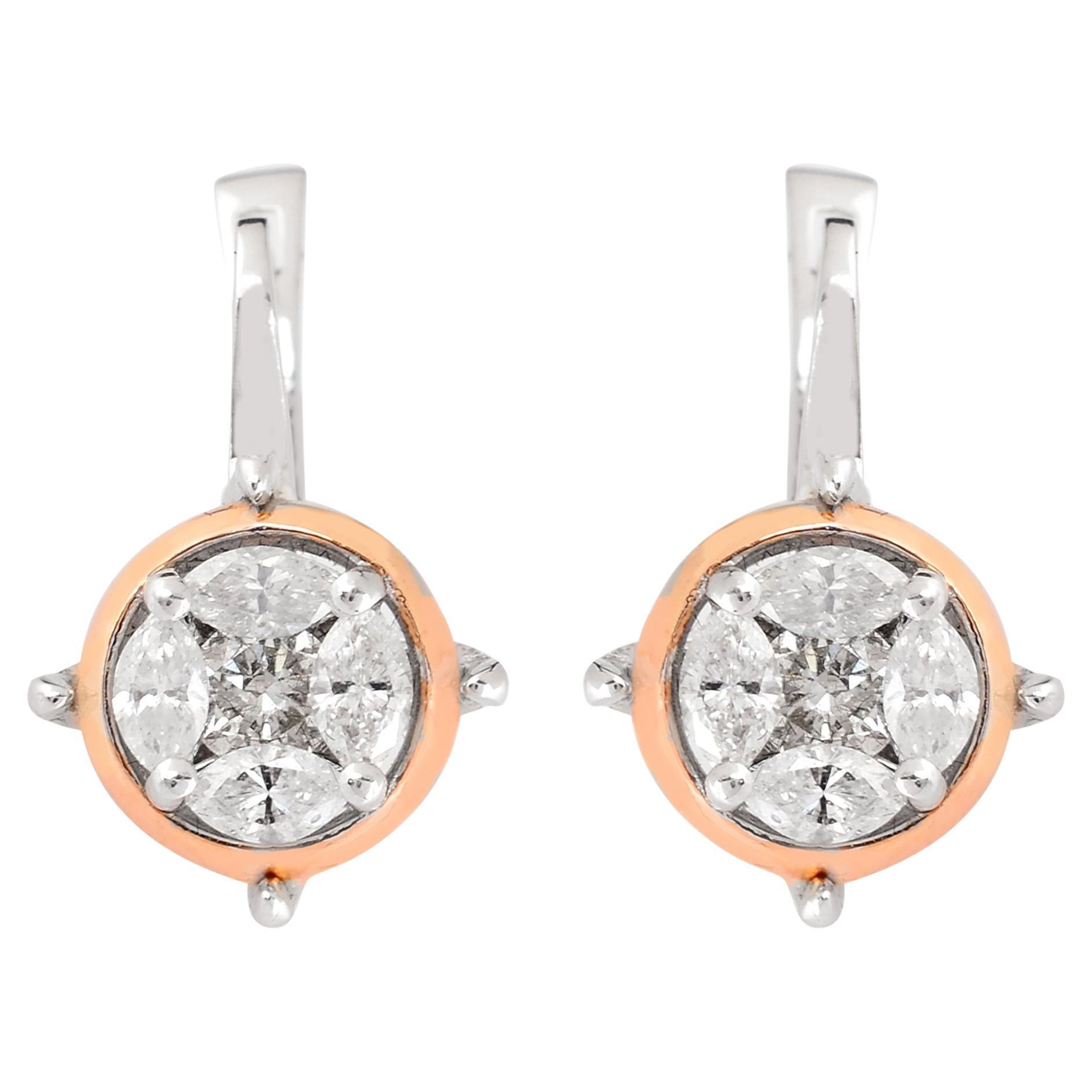 1.35ct Marquise Round Diamond Earrings 18 Karat Two Tone Gold Handmade Jewelry For Sale