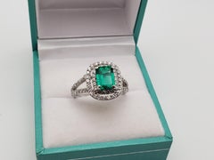 1.35 CT Natural Deep Green Emerald Diamond 18K White Gold Engagement Ring
