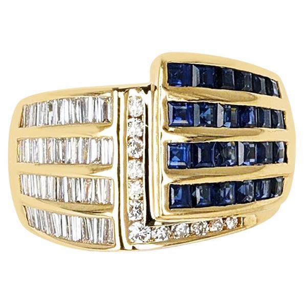 1.35 Ctw. Baguette and Round Diamonds with Square-Cut Sapphire Cocktail Ring, 18 For Sale