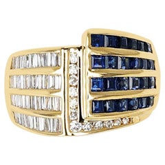 1.35 Ctw. Baguette and Round Diamonds with Square-Cut Sapphire Cocktail Ring,18K