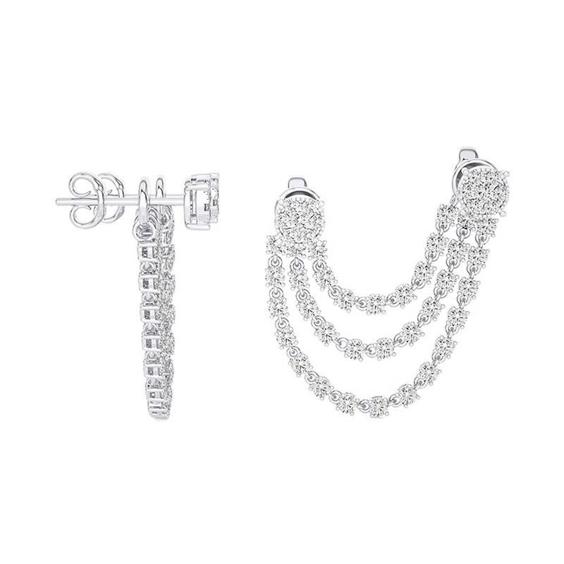 Taglio rotondo Orecchini pendenti in oro bianco 18 carati con diamanti 1,35 CTW e tripla linea di diamanti in vendita
