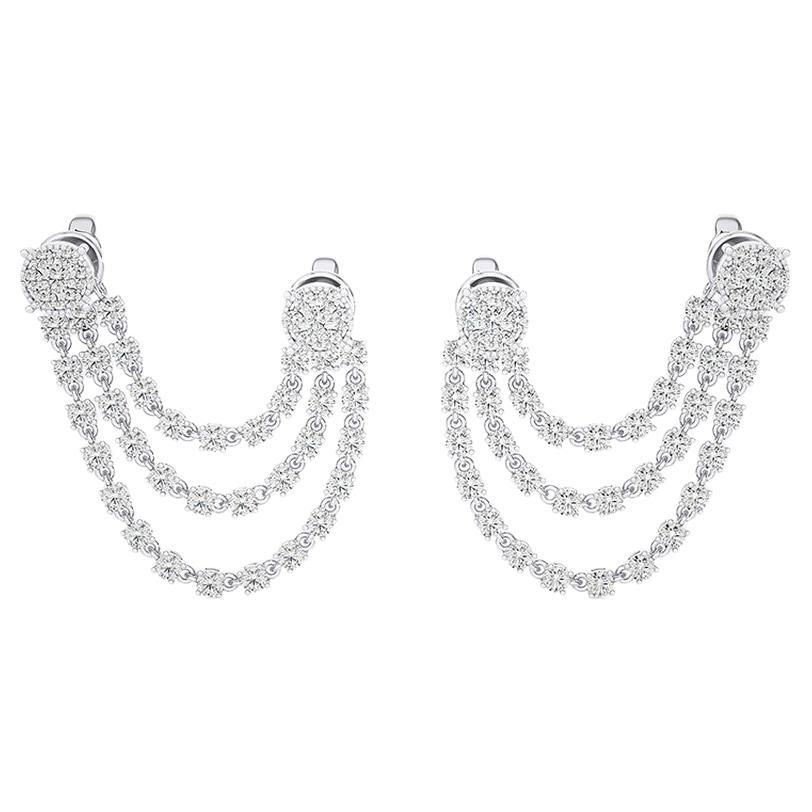 Orecchini pendenti in oro bianco 18 carati con diamanti 1,35 CTW e tripla linea di diamanti