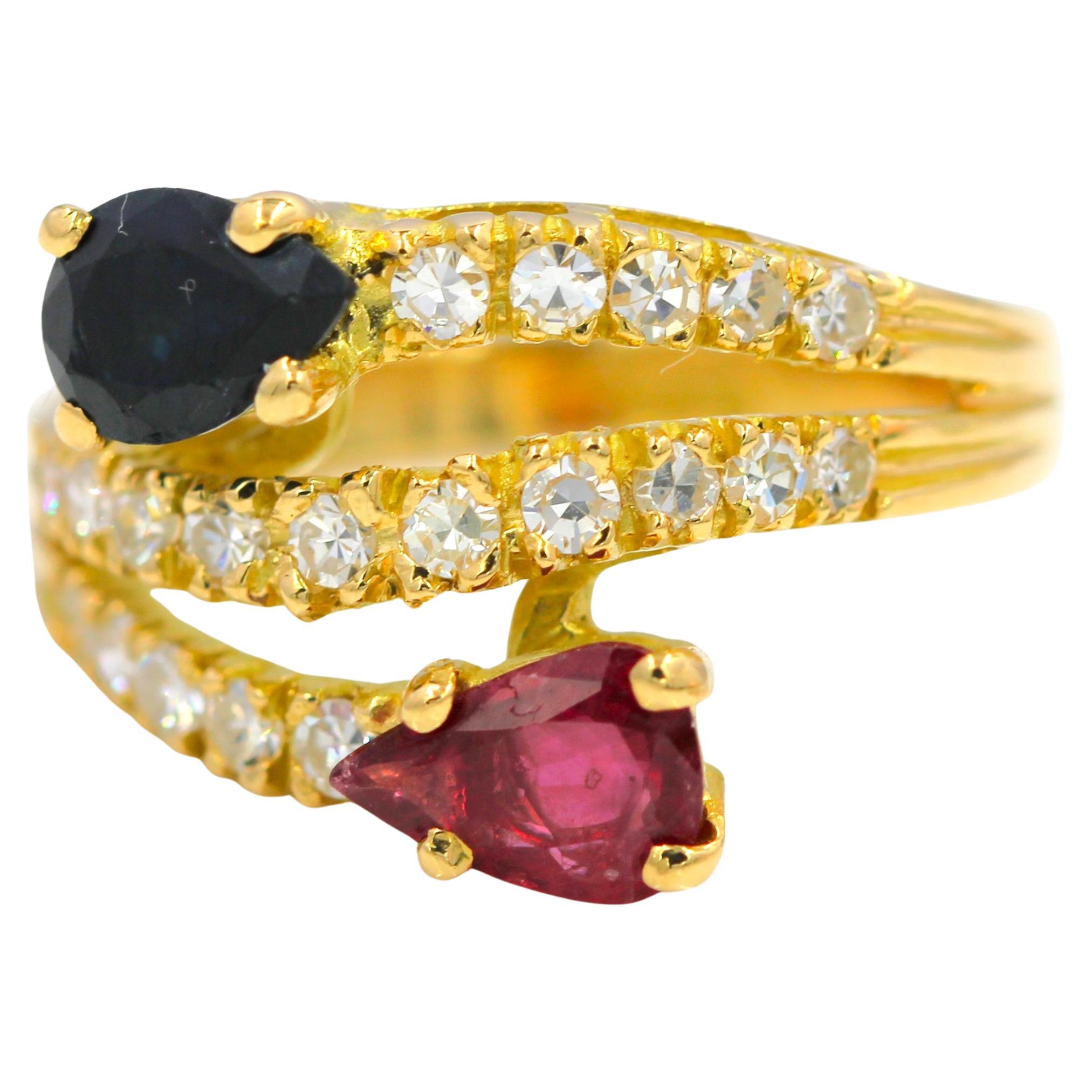 1.35 CTW Natural Ruby, Sapphire & Diamond Ring 18 Karat Yellow Gold For Sale