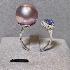 Eostre Lavender Colour Freshwater Pearl, Sapphire and Diamond Ring in 18K Gold