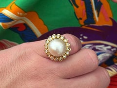 13.5 Mm Mabe Pearl and Heart Shaped Halo Diamond Ring 18k Yellow Gold