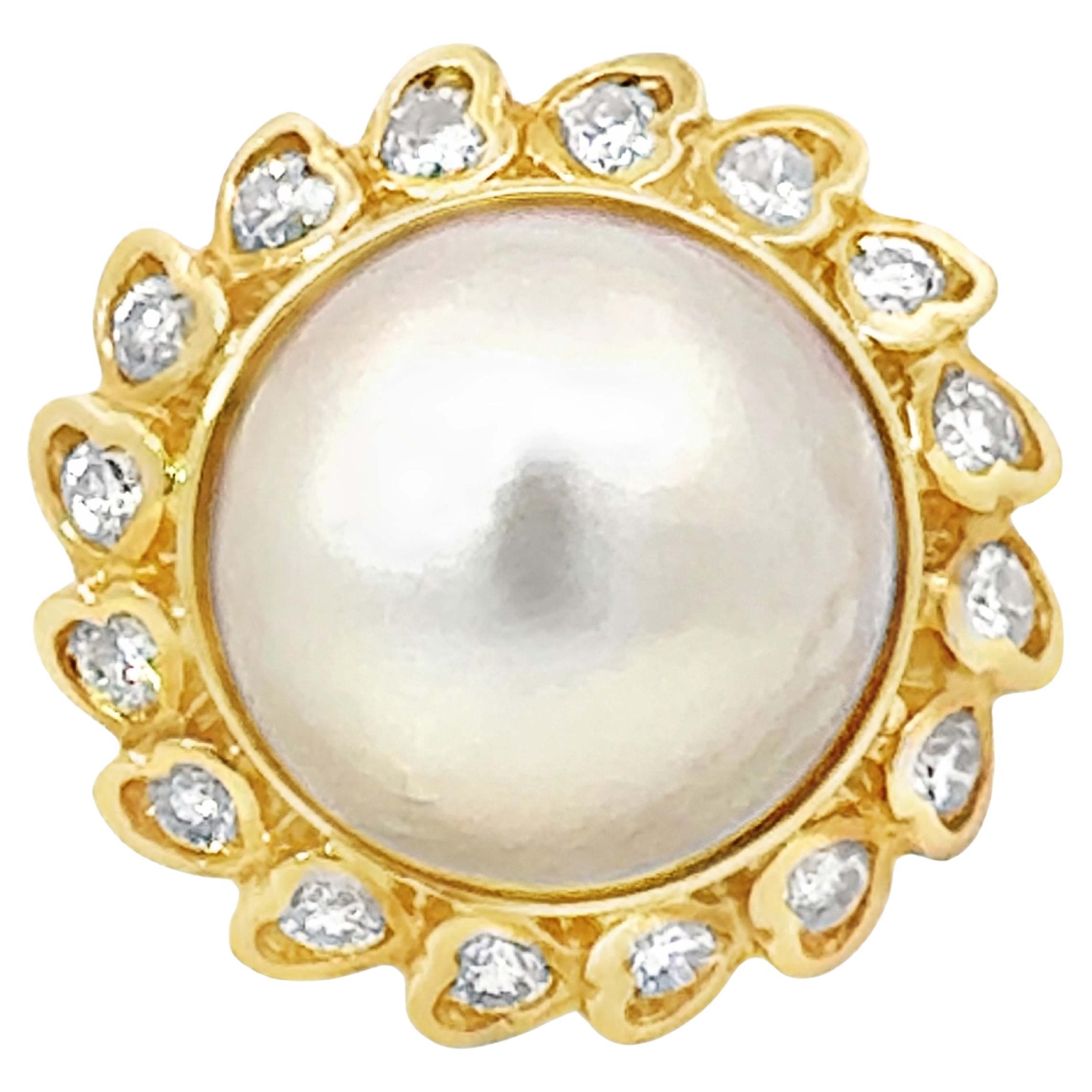 13.5 Mm Mabe Pearl and Heart Shaped Halo Diamond Ring 18k Yellow Gold