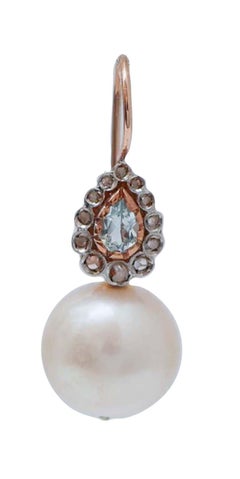 13.5 Mm Pearls, Aquamarine Colour Topaz, Diamonds, Rose Gold and Silver Earrings
