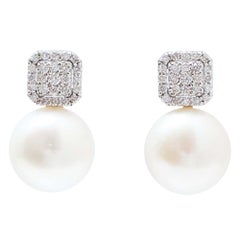 13.5 Mm Pearls, Diamonds, 18 Karat White Gold Earrings.