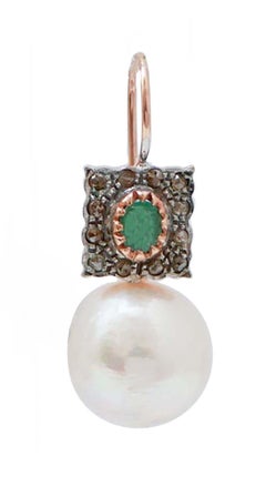13.5 Mm Pearls, Emeralds, Diamonds, Rose Gold and Silver Earrings.