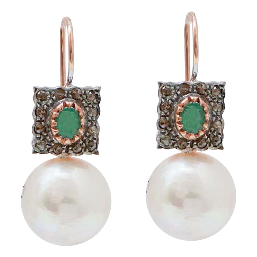 Boucles d'oreilles en argent et or rose 13.5 mm perles, émeraudes, diamants