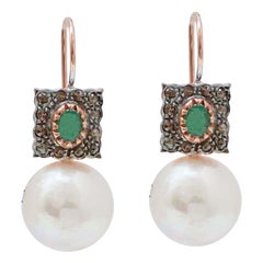 Boucles d'oreilles en argent et or rose 13.5 mm perles, émeraudes, diamants