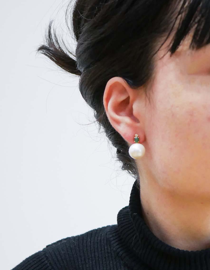Mixed Cut 13.5 Mm White Pearls, Emeralds, Diamonds, 14 Karat Rose Gold Earrings. For Sale