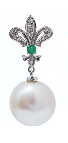 13.5 Mm White Pearls, Emeralds, Diamonds, White Gold Earrings.