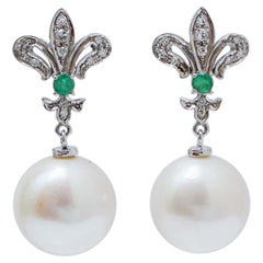 13.5 Mm White Pearls, Emeralds, Diamonds, White Gold Earrings.