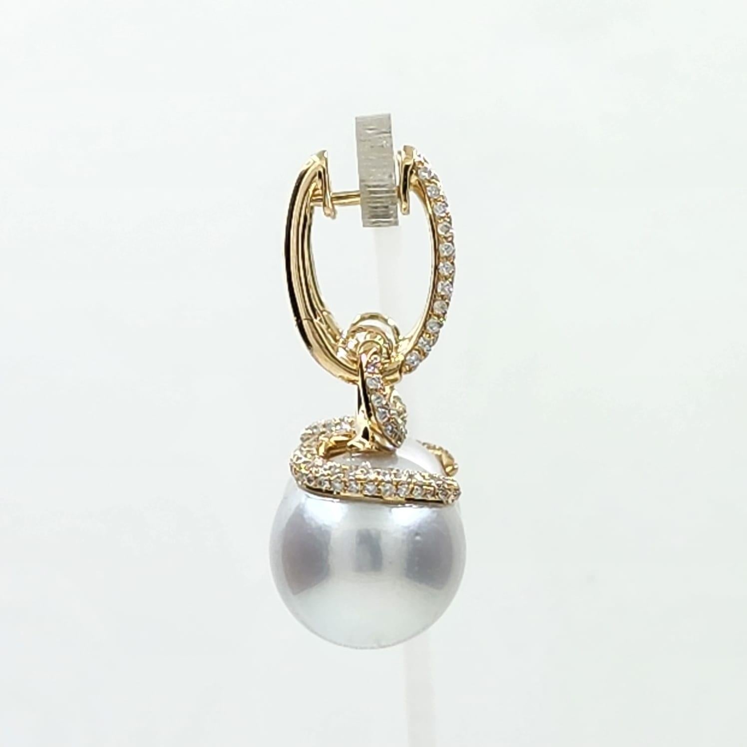 Bead 13.5 x 16mm Oval South Sea Pearl Diamond Dangle Earrings in 14 Karat Yellow Gold For Sale