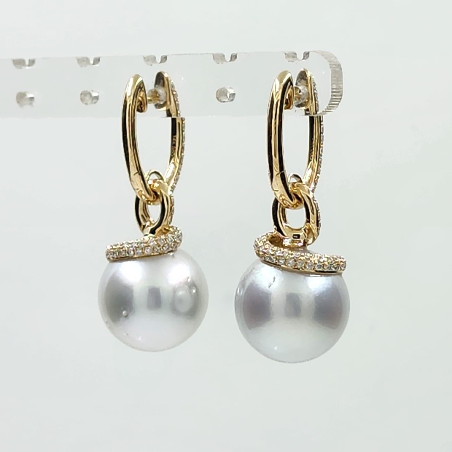 Women's 13.5 x 16mm Oval South Sea Pearl Diamond Dangle Earrings in 14 Karat Yellow Gold For Sale