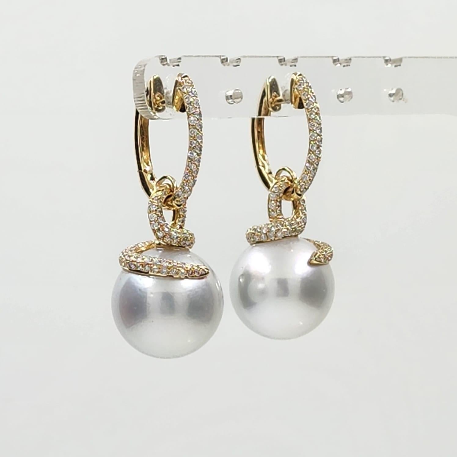 13.5 x 16mm Oval South Sea Pearl Diamond Dangle Earrings in 14 Karat Yellow Gold For Sale 1