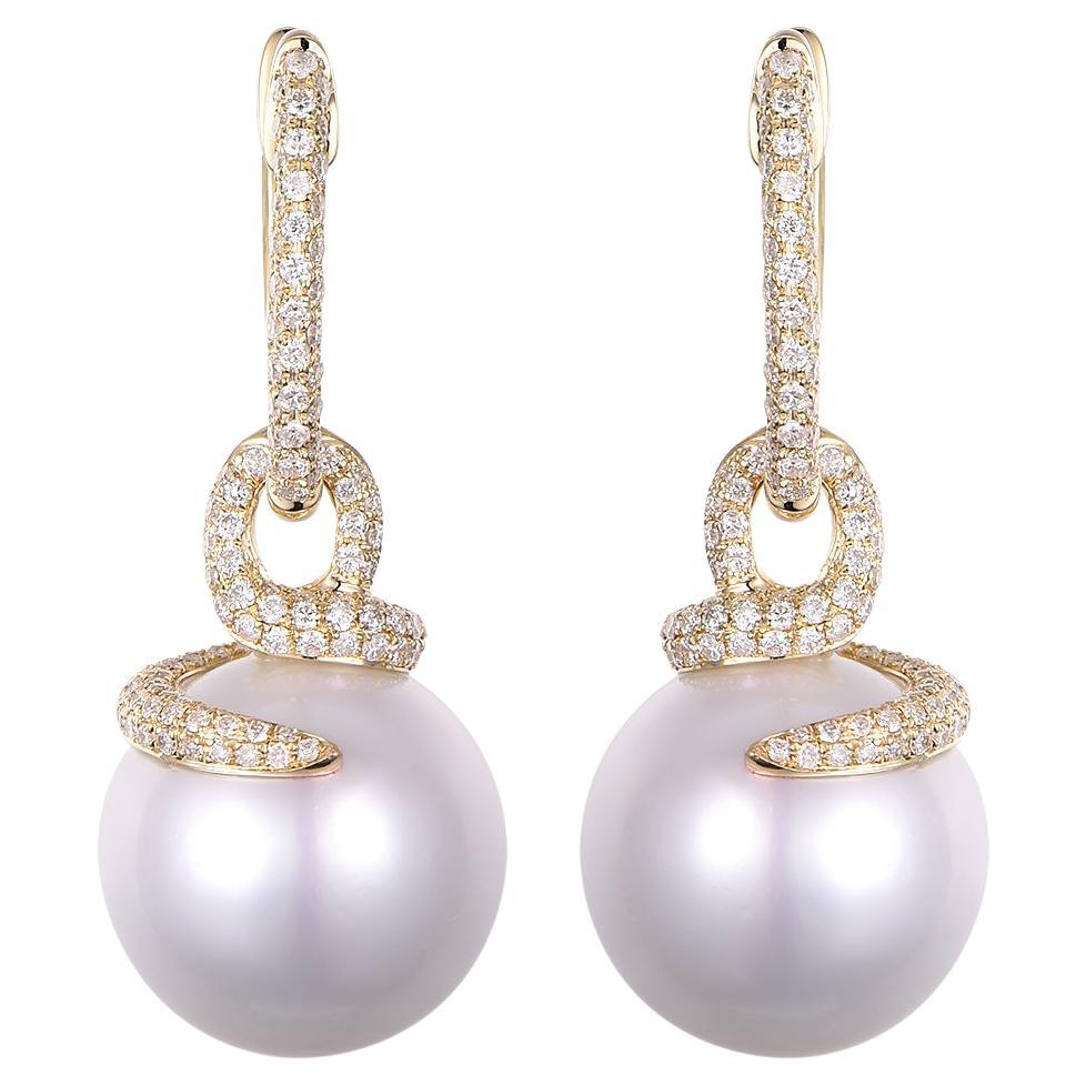 13.5 x 16mm Oval South Sea Pearl Diamond Dangle Earrings in 14 Karat Yellow Gold