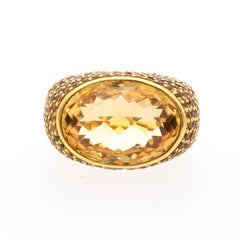 15 Carat Oval Checkerboard Citrine & Citrine Pave 14K Yellow Gold Cocktail Ring
