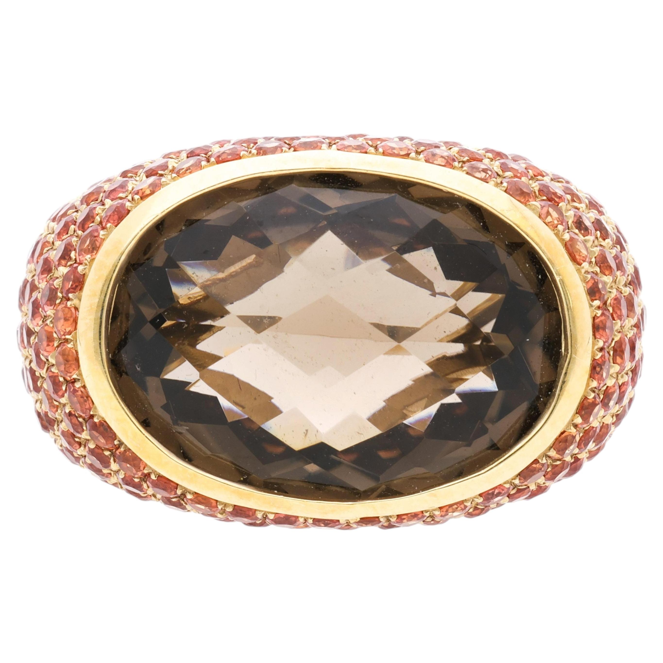 13.50 Carat Checkerboard Smoky Topaz & Orange Sapphire Pave Dome 14K Gold Ring en vente