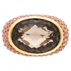 13.50 Carat Checkerboard Smoky Topaz & Orange Sapphire Pave Dome 14K Gold Ring