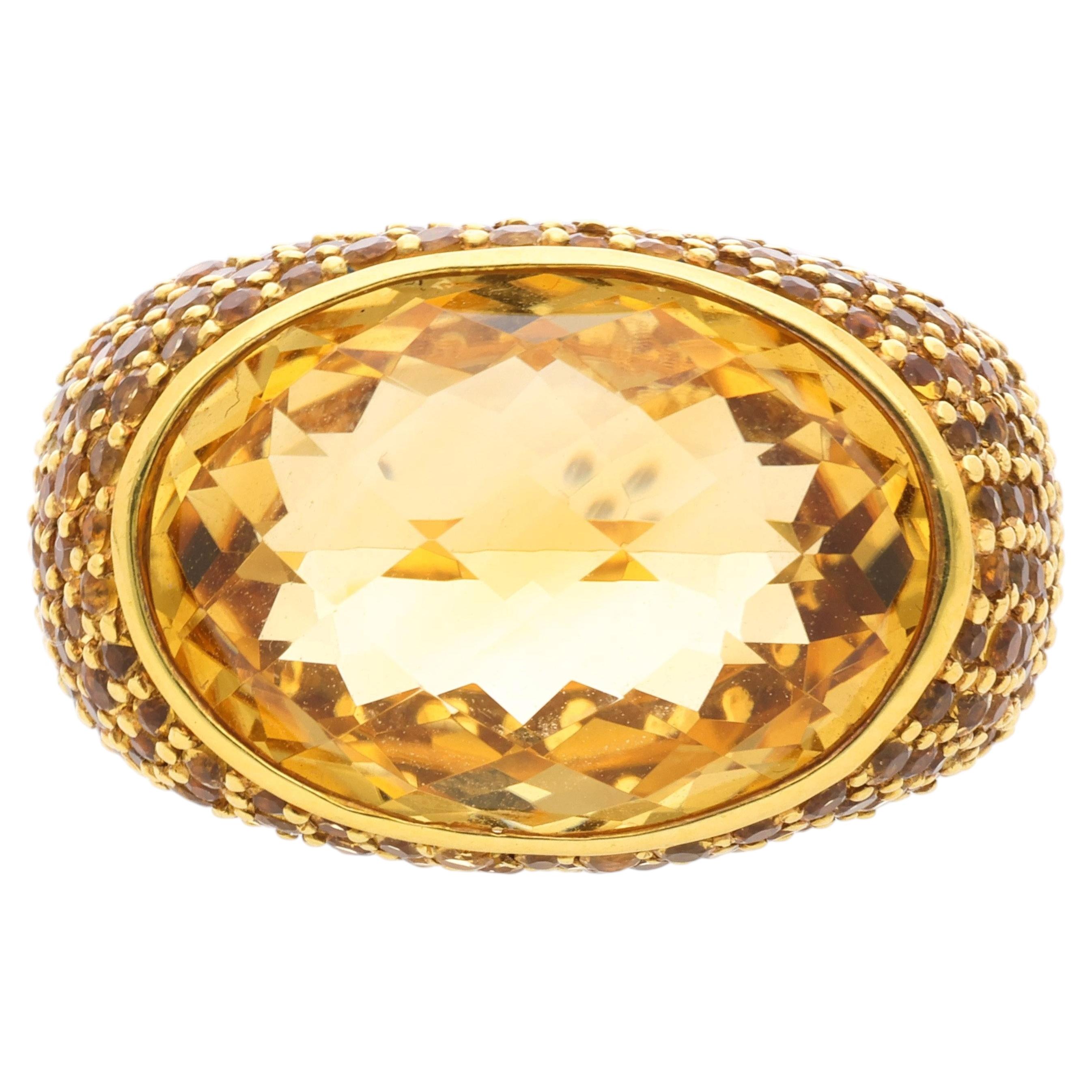 15 Carat Oval Checkerboard Citrine & Citrine Pave 14K Yellow Gold Cocktail Ring