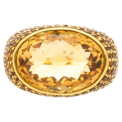 15 Carat Oval Checkerboard Citrine & Citrine Pave 14K Yellow Gold Cocktail Ring