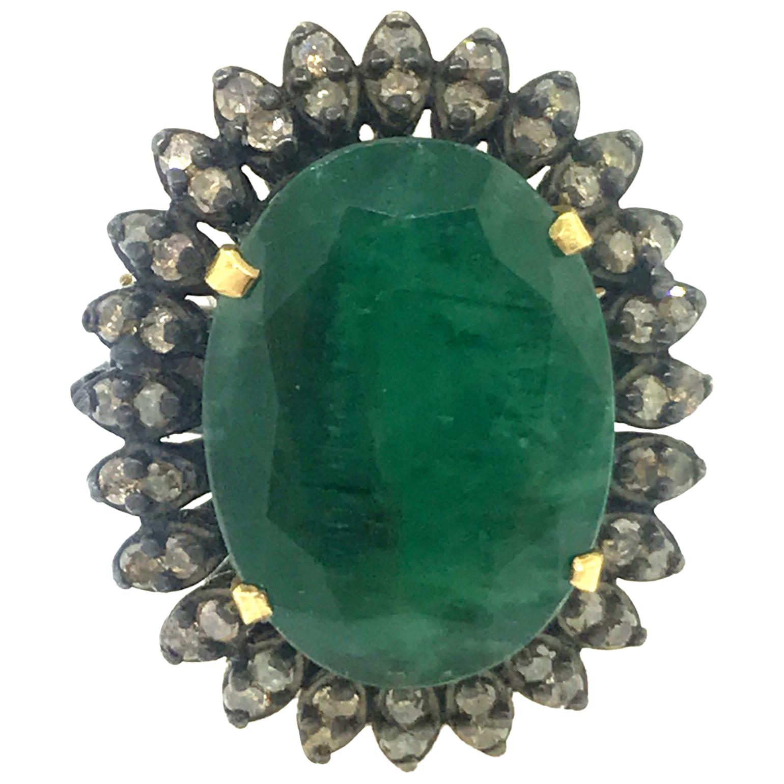 13.50 Carat Emerald, Diamond Ring in Oxidized Sterling Silver, 18 Karat Gold For Sale