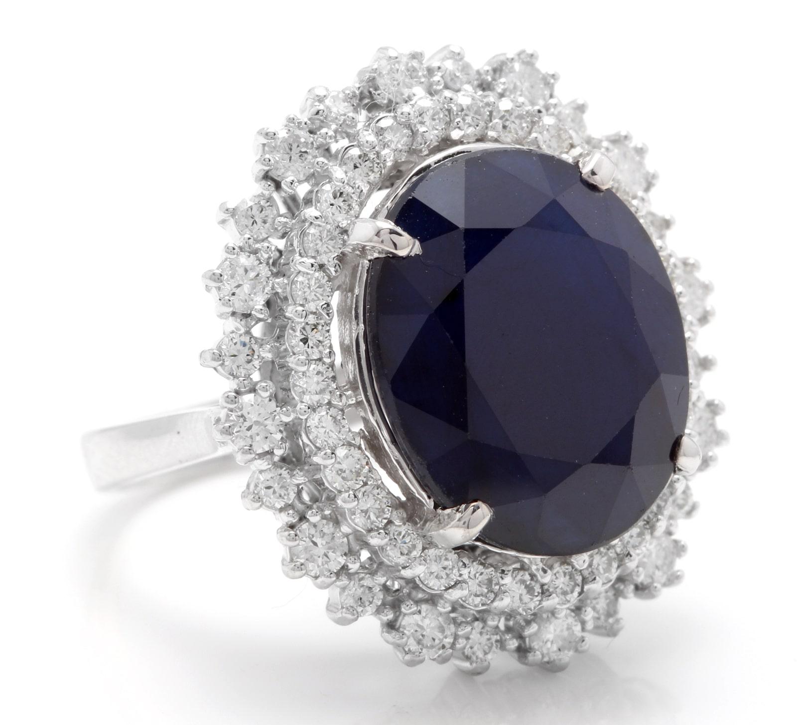 13.50 Carats Exquisite Natural Blue Sapphire and Diamond 14K Solid White Gold Ring

Total Natural Blue Sapphire Weights: Approx. 12.00 Carats

Sapphire Measures: 16 x 13.00mm

Sapphire Treatment: Diffusion

Natural Round Diamonds Weight: 1.50 Carats