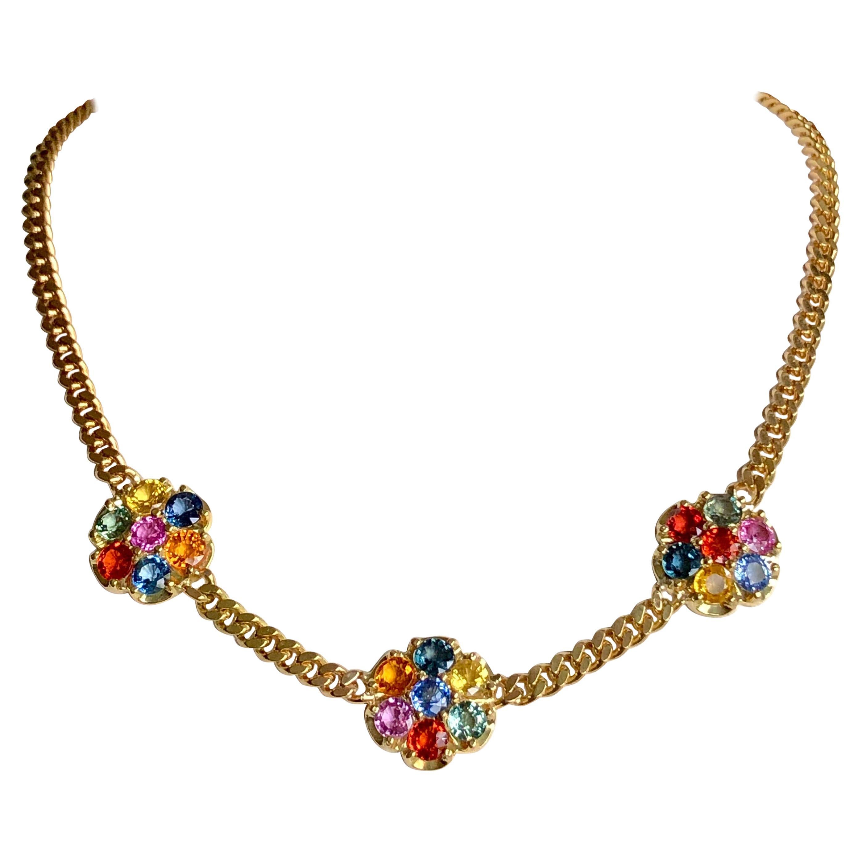 Taille ronde 13.50 Carat Multi Sapphire Floral Necklace Or 18K en vente