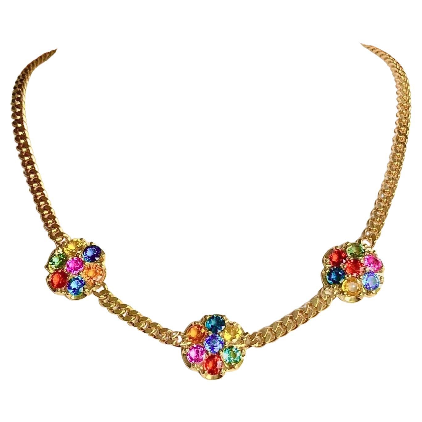 13.50 Carat Multi Sapphire Floral Necklace Or 18K