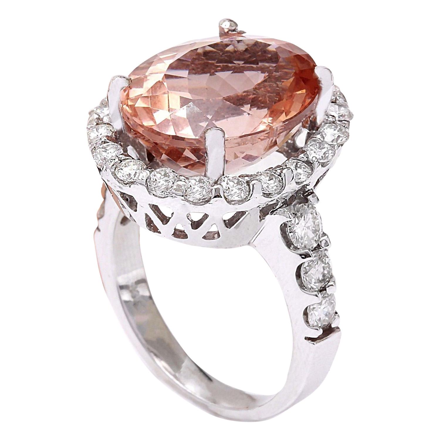 Oval Cut 13.50 Carat Natural Morganite 14 Karat Solid White Gold Diamond Ring For Sale