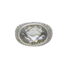 13.50 Carat Oval Checkerboard Cut Green Amethyst Pave 14K White Gold Dome Ring