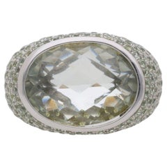 13.50 Carat Oval Checkerboard Cut Green Amethyst Pave 14K White Gold Dome Ring
