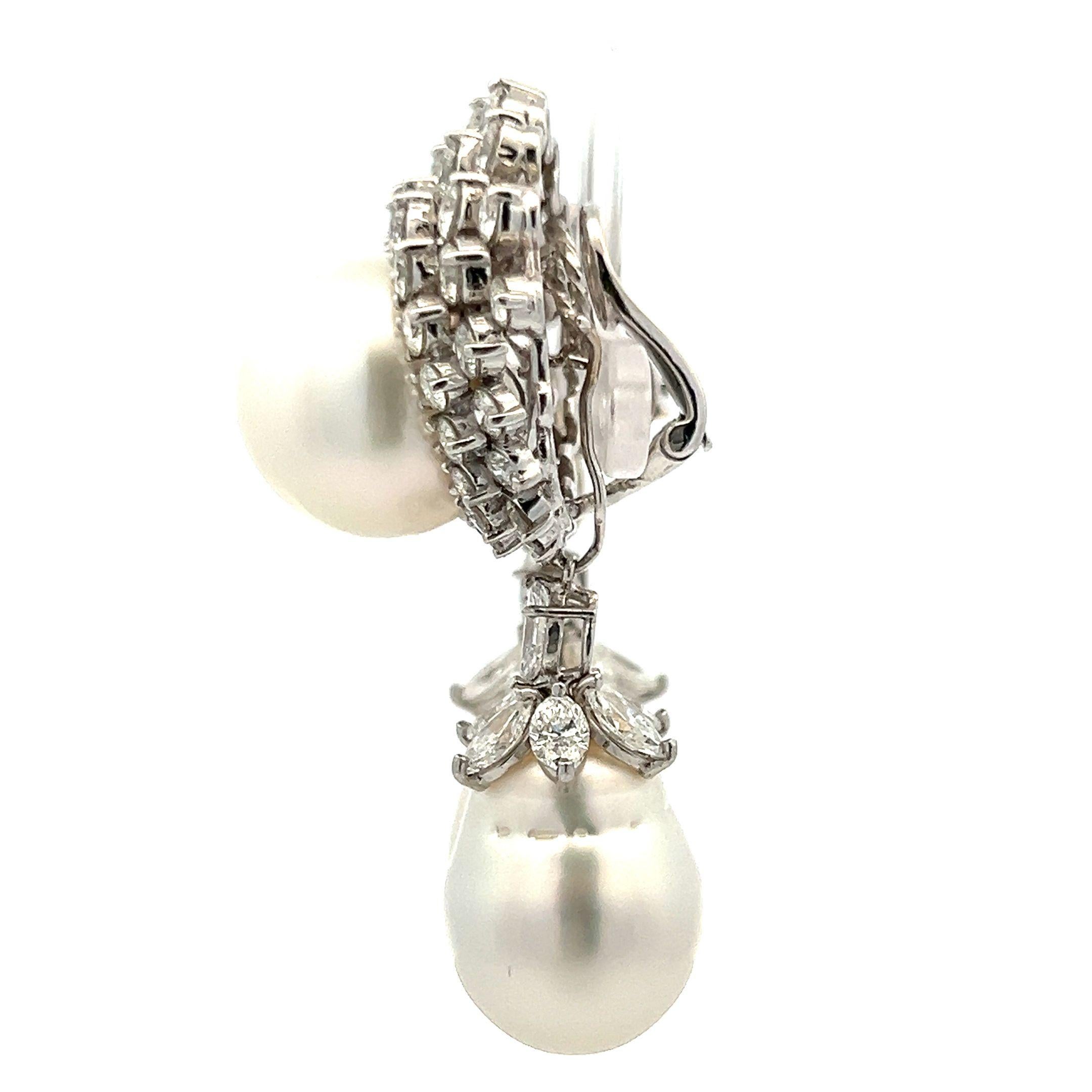 Donna Orecchini pendenti con perle 18K WG/Plat da 13,50 carati con diamanti rotondi e marquise da 17 mm in vendita