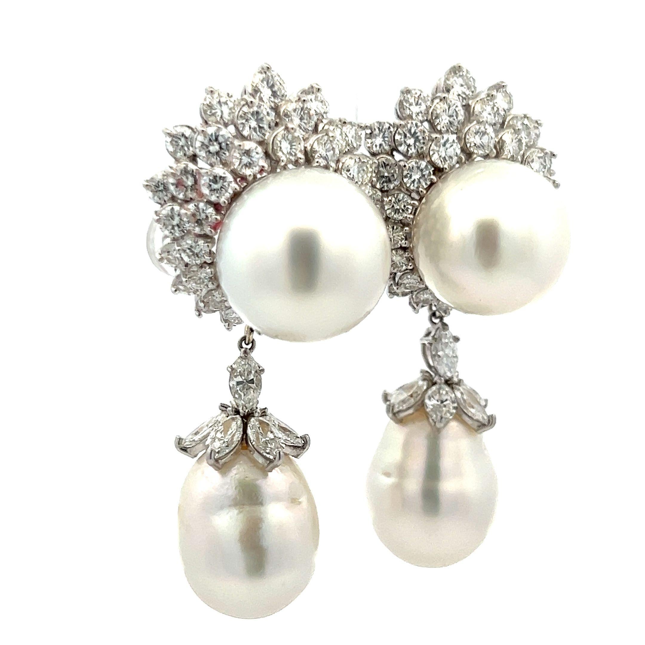 Orecchini pendenti con perle 18K WG/Plat da 13,50 carati con diamanti rotondi e marquise da 17 mm in vendita 3